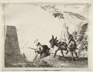 Flyg till Egypten: Den heliga familjen passerar nära en pyramid av Giovanni Domenico Tiepolo