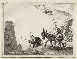Flyg till Egypten: Den heliga familjen passerar nära en pyramid. av Giovanni Domenico Tiepolo