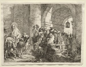 Flyg till Egypten: Den heliga familjen passerar under en båge. av Giovanni Domenico Tiepolo