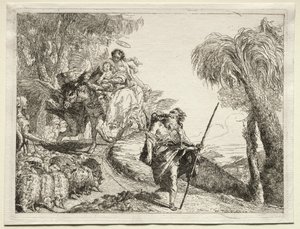Flyg till Egypten: Den heliga familjen och fårhjorden. av Giovanni Domenico Tiepolo