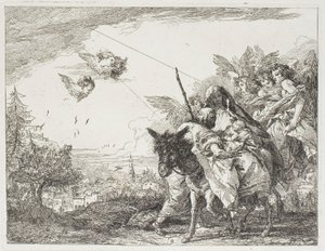 Josef beundrar barnet som hålls i Marias famn, plansch nio från Flykten till Egypten av Giovanni Domenico Tiepolo