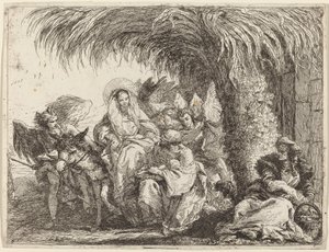 Joseph knäböjer med barnet inför Maria på åsnan av Giovanni Domenico Tiepolo