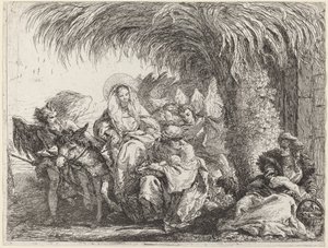 Joseph knäböjer med barnet inför Maria på åsnan av Giovanni Domenico Tiepolo