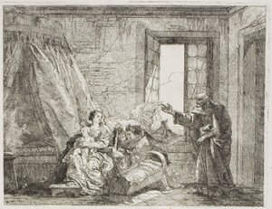 Joseph berättar för Mary om deras kommande avgång, skylt fyra från The Flight into Egypt av Giovanni Domenico Tiepolo