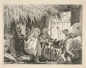 Josef och Maria framför ett hus, från serien Idee pittoresche sopra la fuga in Egitto (Flight into Egypt) av Giovanni Domenico Tiepolo