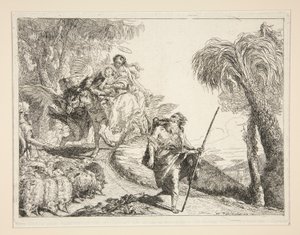 Josef med jungfrun och barnet, från serien Idee pittoresche sopra la fuga in Egitto (Flight into Egypt) av Giovanni Domenico Tiepolo