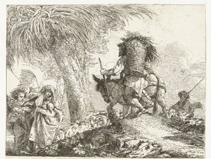 Maria med barn understödd av ängel och Josef leder åsnan förbi herde med får Flyg till Egypten (serietitel) Idé pittoreska sopra la fugga i Egitto (serietitel) av Giovanni Domenico Tiepolo