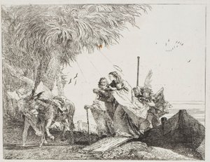 Mary, hjälpt av Josef och en ängel, kliver ut ur båten, tallrik arton från The Flight into Egypt av Giovanni Domenico Tiepolo