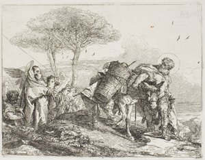 Mary, hjälpt av två änglar, följer Josef med åsnan, skylt 25 från The Flight into Egypt av Giovanni Domenico Tiepolo