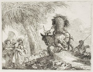 Maria, hjälpt av en ängel, och Josef som bär korgen, passerar en flock, skylt 24 från The Flight into Egypt av Giovanni Domenico Tiepolo