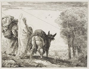 Maria håller barnet i famnen och Josef med korgen, tallrik tio från Flygningen till Egypten av Giovanni Domenico Tiepolo