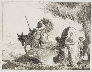 Mary, med stöd av två änglar, följer Joseph, skylt 26 från The Flight into Egypt av Giovanni Domenico Tiepolo