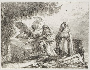 Maria och Josef, som håller barnet, eskorteras av en ängel, tallrik tolv från Flygningen till Egypten av Giovanni Domenico Tiepolo