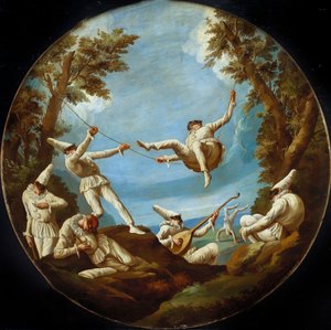 Punchinellos på gungor, gör musik och gör akrobatik i ett landskap av Giovanni Domenico Tiepolo