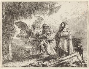 Flygningen, helig familj som går med ängeln av Giovanni Domenico Tiepolo