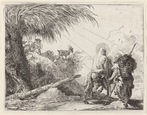 Flygningen, heliga familjen till höger, Joseph ser till vänster av Giovanni Domenico Tiepolo