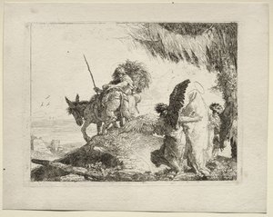Flygningen till Egypten: Flygningen med Madonnan till höger med stöd av änglar av Giovanni Domenico Tiepolo
