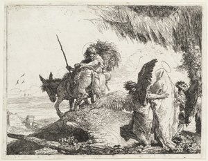 Flygningen, med Madonna till höger med stöd av änglar av Giovanni Domenico Tiepolo