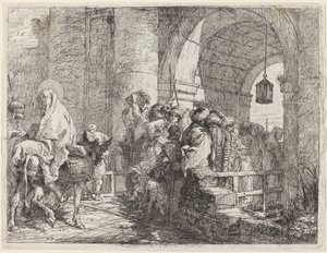 Den heliga familjen anländer till en stadsport av Giovanni Domenico Tiepolo