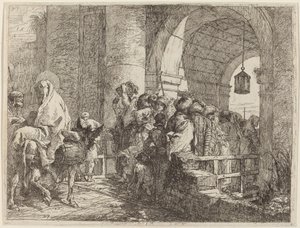 Den heliga familjen anländer till en stadsport av Giovanni Domenico Tiepolo