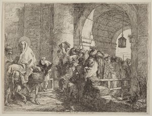 Den heliga familjen anländer till en stadsport av Giovanni Domenico Tiepolo