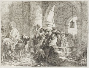 Den heliga familjen anländer till en stadsport, skylt 27 från The Flight into Egypt av Giovanni Domenico Tiepolo