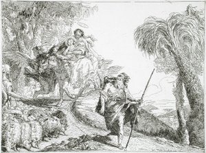Den heliga familjen på väg nedför en skogsstig, nära en hjord och några herdar av Giovanni Domenico Tiepolo