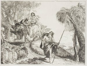 Den heliga familjen på väg nedför en skogsstig, nära en flock och några herdar, skylt 21 från The Flight into Egypt av Giovanni Domenico Tiepolo