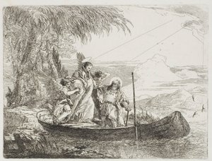 Den heliga familjen går in i båten med hjälp av änglarna, skylt sexton från The Flight into Egypt av Giovanni Domenico Tiepolo