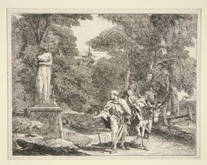 The Holy Family Passing Near a Statue, från serien Idee pittoresche sopra la fuga in Egitto (Flight into Egypt) av Giovanni Domenico Tiepolo