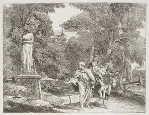 Den heliga familjen passerar en staty, vars huvud faller till marken, skylt 22 från The Flight into Egypt av Giovanni Domenico Tiepolo