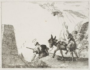 Den heliga familjen passerar en pyramid, tallrik tjugo från The Flight into Egypt av Giovanni Domenico Tiepolo