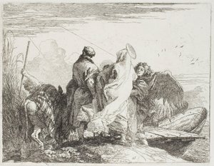 Den heliga familjen kliver av stranden, tallrik femton från The Flight into Egypt av Giovanni Domenico Tiepolo