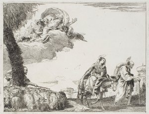Den heliga familjen går längs en stadsmur. Till vänster, en herde med sin flock och Gud Fadern, skylt åtta från Flygningen till Egypten av Giovanni Domenico Tiepolo