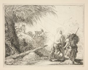 Jungfrun, monterad på åsnan och sedd bakifrån, från serien Idee pittoresche sopra la fuga in Egitto (Flight into Egypt) av Giovanni Domenico Tiepolo