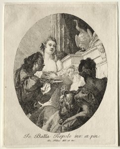 Tre kvinnor som presenterar gåvor av Marc Anthony till Cleopatra. av Giovanni Domenico Tiepolo