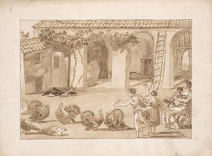 Kalkoner på en venetiansk gård, den tredje teckningen i Tiepolo av Giovanni Domenico Tiepolo
