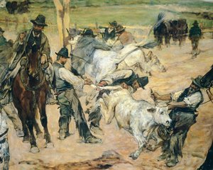 Märkning av unga tjurar i Maremma, cirka 1887, av Giovanni Fattori (1825-1908), 86x172 cm, Detalj av Giovanni Fattori