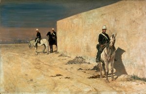 Utsikten (Den vita väggen) Ryttare som står vakt inför en vit mur i öknen. Målning av Giovanni Fattori (1825-1908)