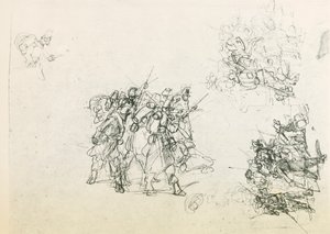 Tre skisser för grupper av soldater (svart penna) av Giovanni Fattori