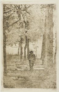 Trädbevuxen promenad med figur av Giovanni Fattori