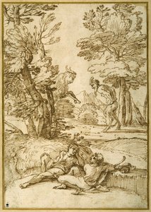 Ett landskap med två herdarpojkar som vilar, medan en satyr och en get dansar (penna och bläck på papper) av Giovanni Francesco Grimaldi