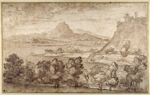 Landskap med en kullestad och ett mer avlägset berg (penna & brunt bläck med brun tvätt på vitt papper) av Giovanni Francesco Grimaldi