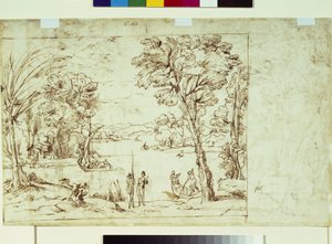 Landskap med figurer på en flodstrand (penna och bläck på papper) av Giovanni Francesco Grimaldi