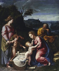 Den heliga familjen med den unge Johannes Döparen och Saint Catherine par Penni, Gianfrancesco (1496-1528). Olja på trä, storlek: 115,5x95, ca. 1525, Muzeum Narodowe, Warszawa