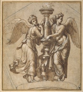 Segrar som omfamnar en kandelaber (penna & brunt bläck med svart krita på papper) av Giovanni Francesco (c.1488 1528) Penni
