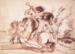 Two Horsemen Fighting (penna och bläck och tvätt på papper)