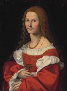 Porträtt av en dam som Maria Magdalena, halvfigur, i röd klänning och pärlhalsband