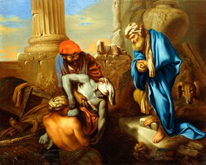 Tobit begraver de döda i trots mot Sanheribs order, av Giovanni Francesco Castiglione