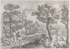 En grupp människor som spelar kort till höger och en man till häst till vänster, 1626-80.